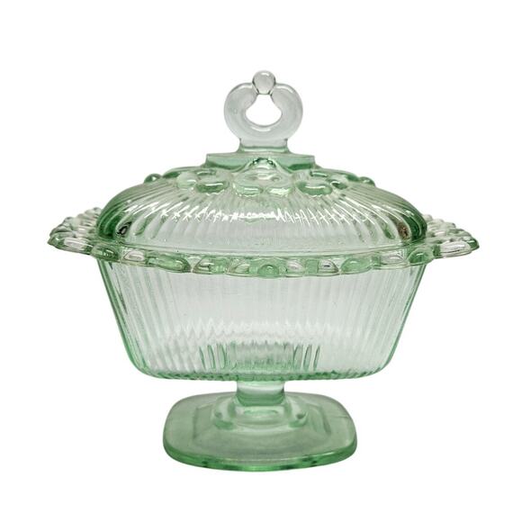Vintage Green INDIANA Pressed Glass Diamond Point Footed Candy Dish With Lid - Picture 2 of 6